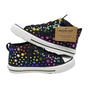 Weestep Kids Metallic Rainbow Star Print High Top Canvas Sneakers Size 1 Black